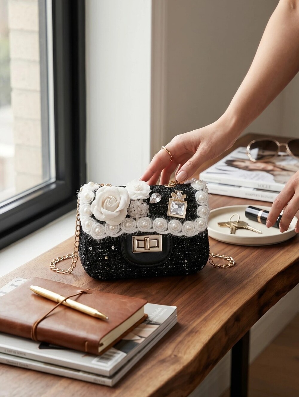 Black Floral Accent Tweed Mini Shoulder/Crossbody Bag